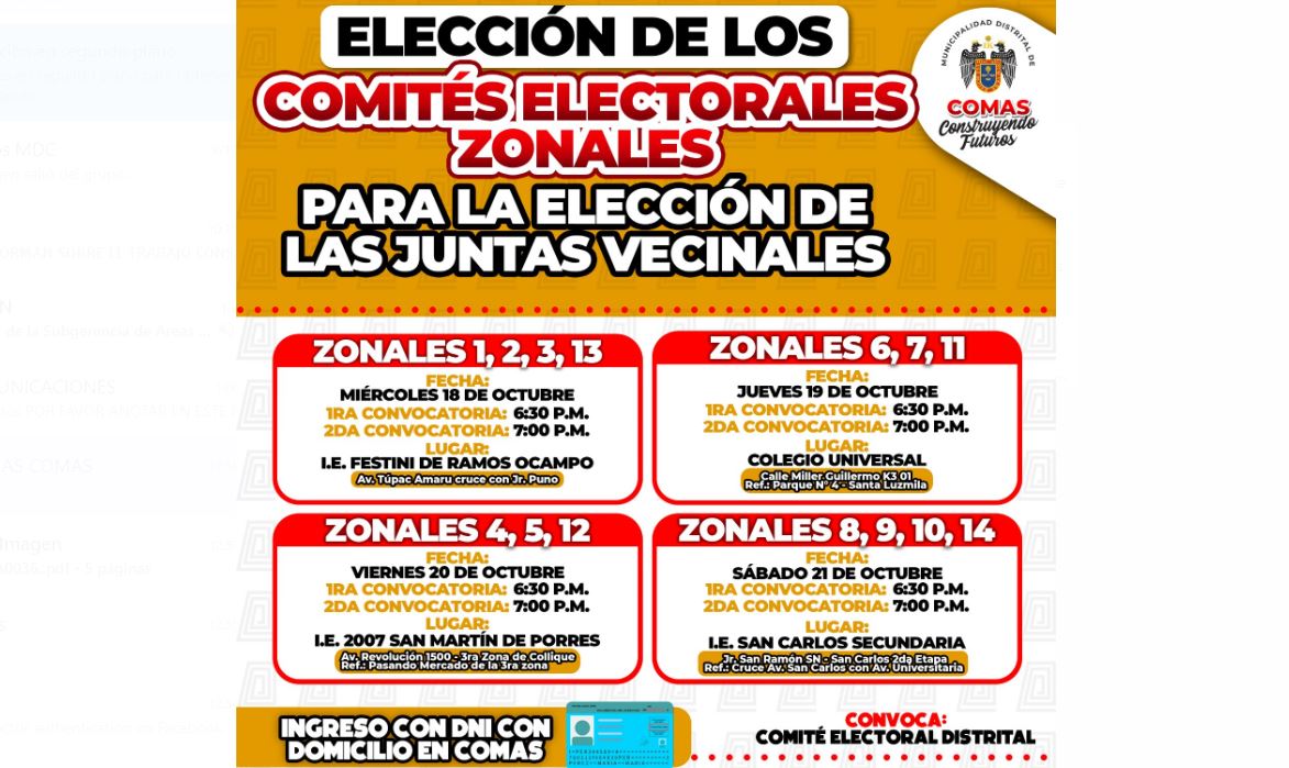 CONVOCAN ELECCIÓN DE COMITÉS ELECTORALES EN 14 ZONALES DEL DISTRITO